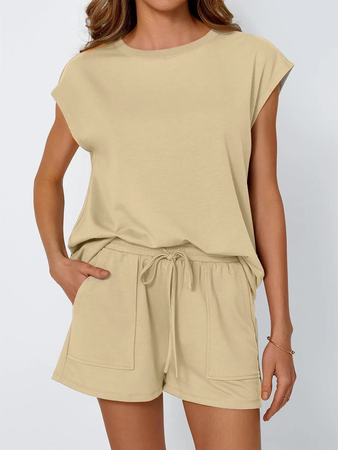 Round Neck Cap Sleeve Top and Shorts Set Tan