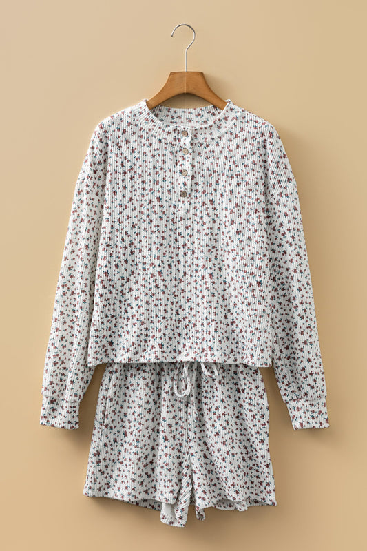 Floral Henley Top and Drawstring Shorts Set