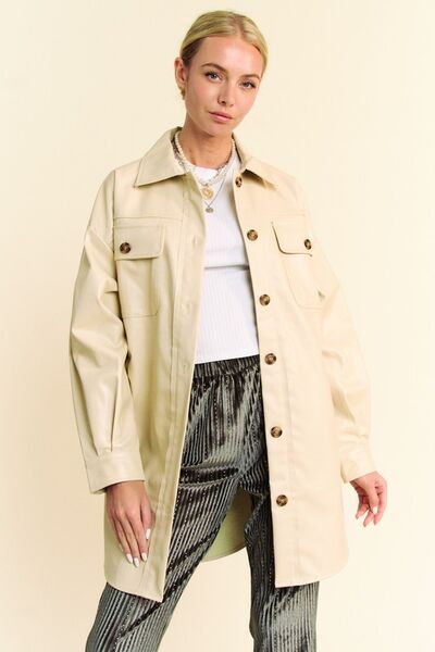 Davi & Dani Faux Leather Button Up Jacket with Chest Pockets BEIGE