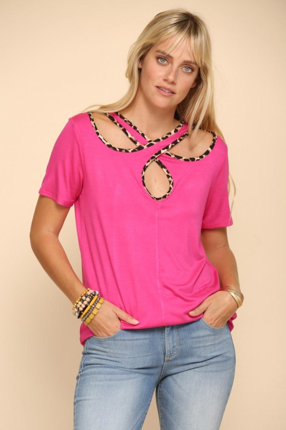 Celeste Full Size Crisscross Cutout Leopard Contrast Trim T-Shirt Fuchsia