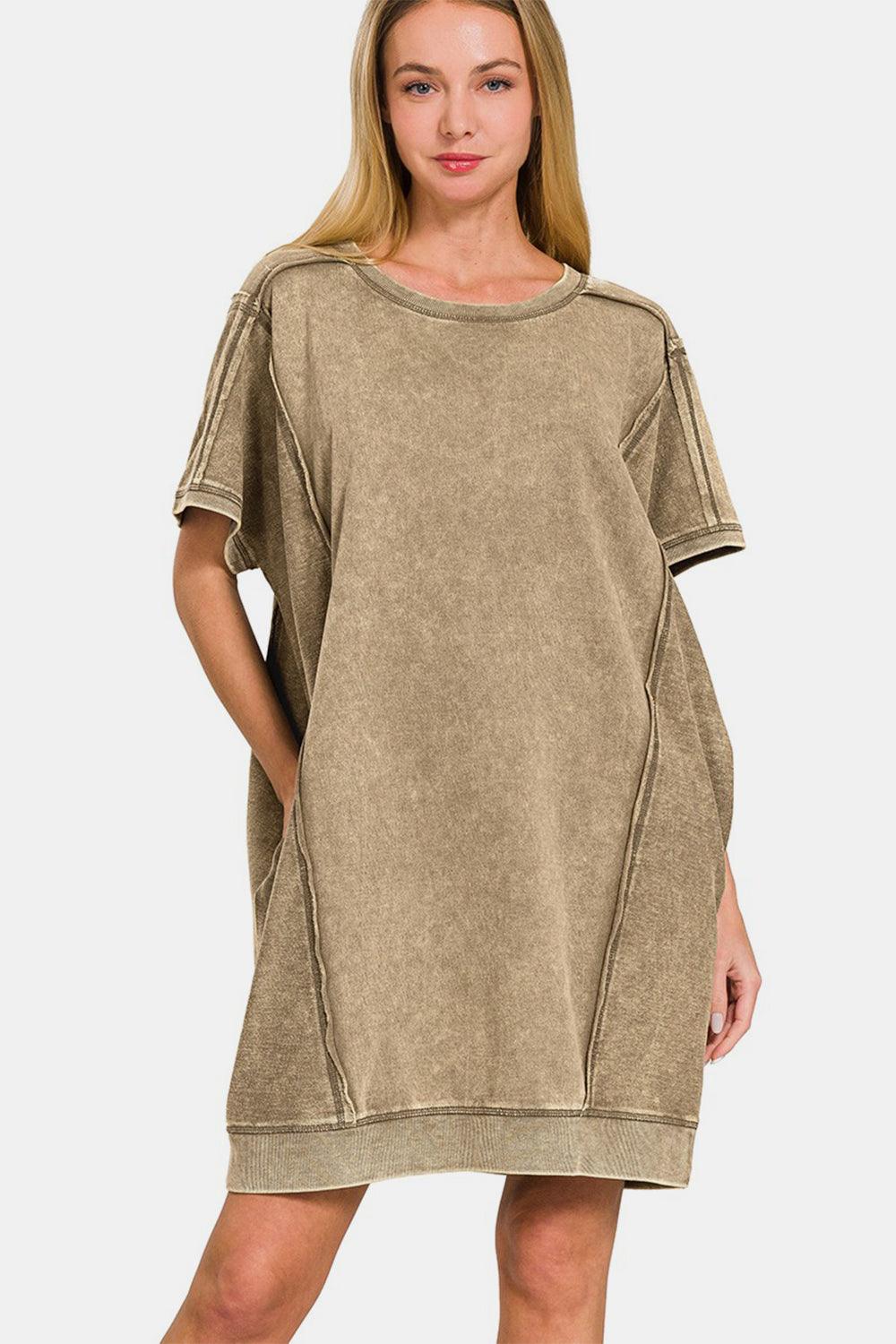 Zenana Washed Exposed Seam Mini Tee Dress MOCHA