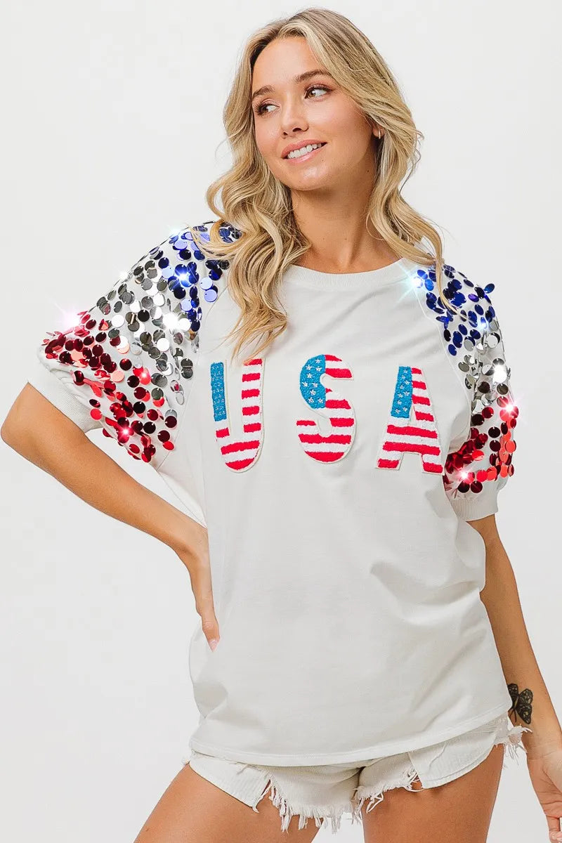 BiBi American Flag Theme Sequin Top OFF WHITE