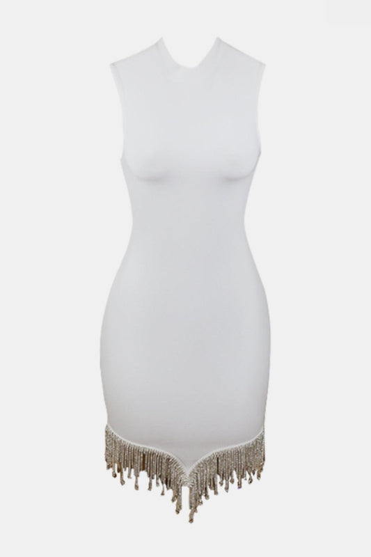 Rhinestone Bodycon Dress with Tassel Hem for Glamorous Style