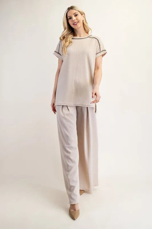 Celeste Full Size Relaxed-Fit Textured Top with Short Sleeves Plus Size BEIGE