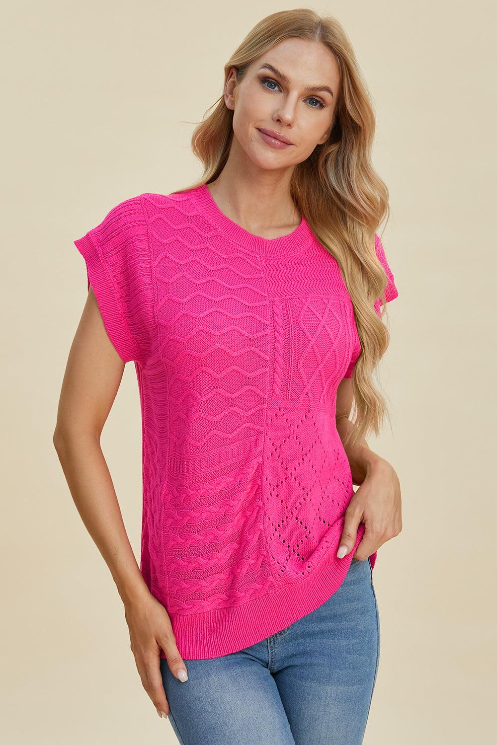 Double Take Full Size Cable-Knit Round Neck Cap Sleeve Sweater Hot Pink
