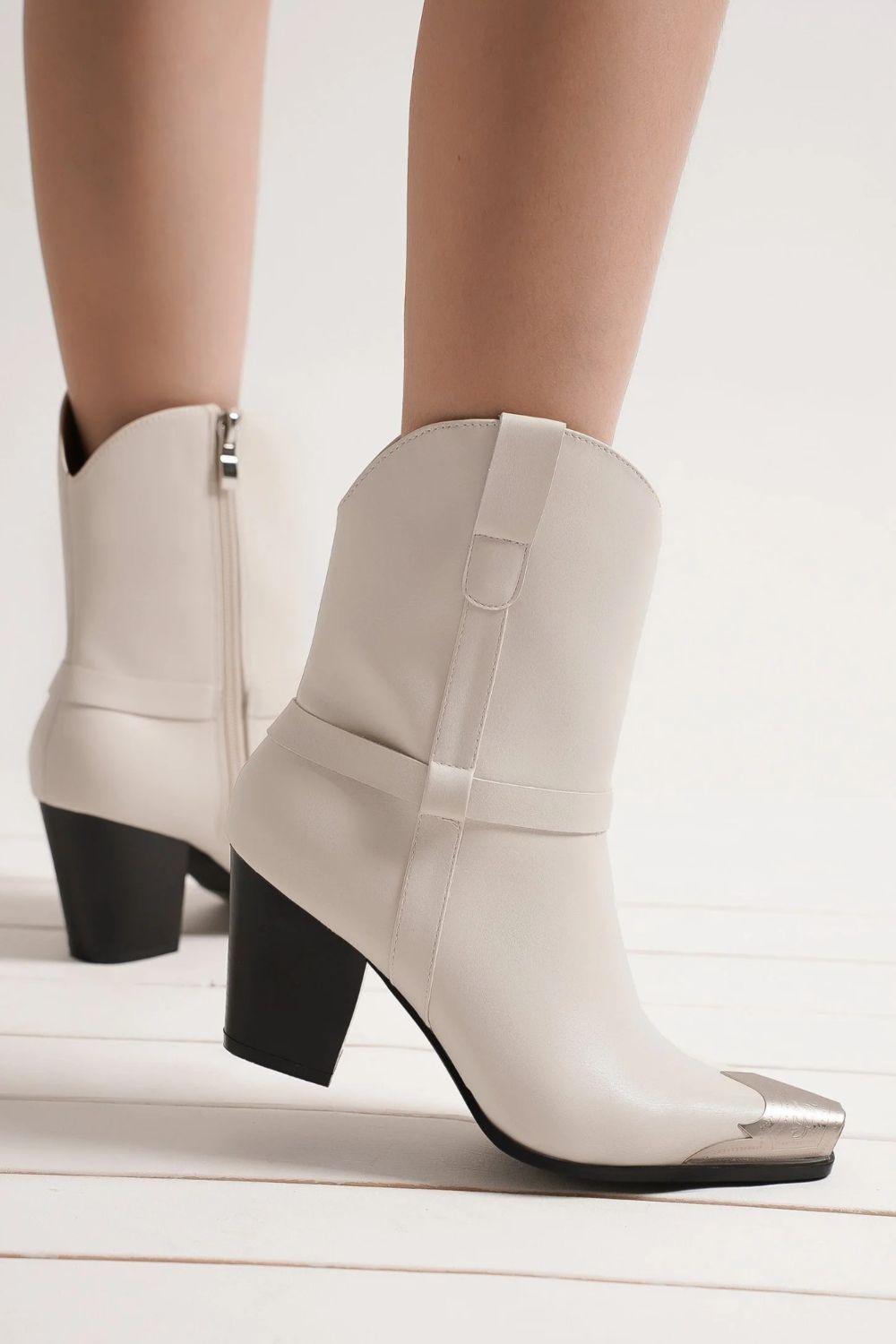 Beast Fashion Faux Leather Metal Toe Ankle Boots White
