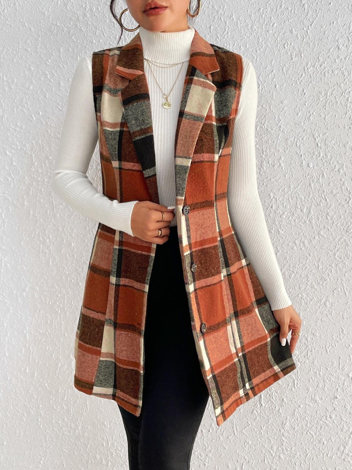 Honey Plaid Button Up Vest Coat Caramel