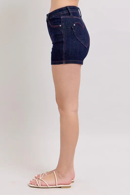Judy Blue Full Size High Waist Heart Shaped Pkts & Red Contrast Thread Denim Shorts Plus Size