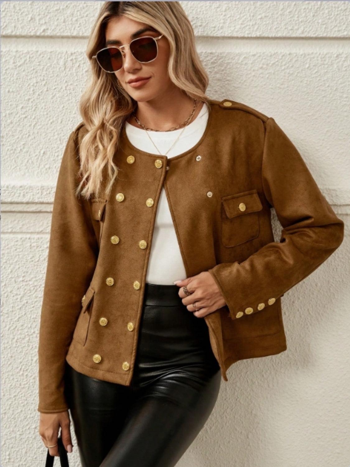 Snap Down Round Neck Jacket Brown