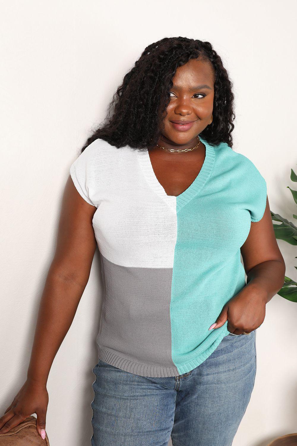 Color Block V-Neck Knit Top Turquoise