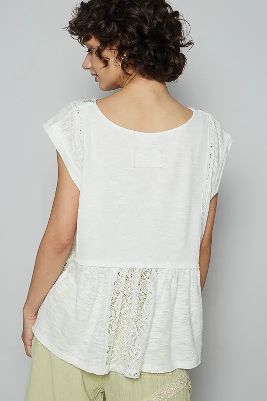 POL Embroidered Detail Boat Neck Cap Sleeve Lace Blouse
