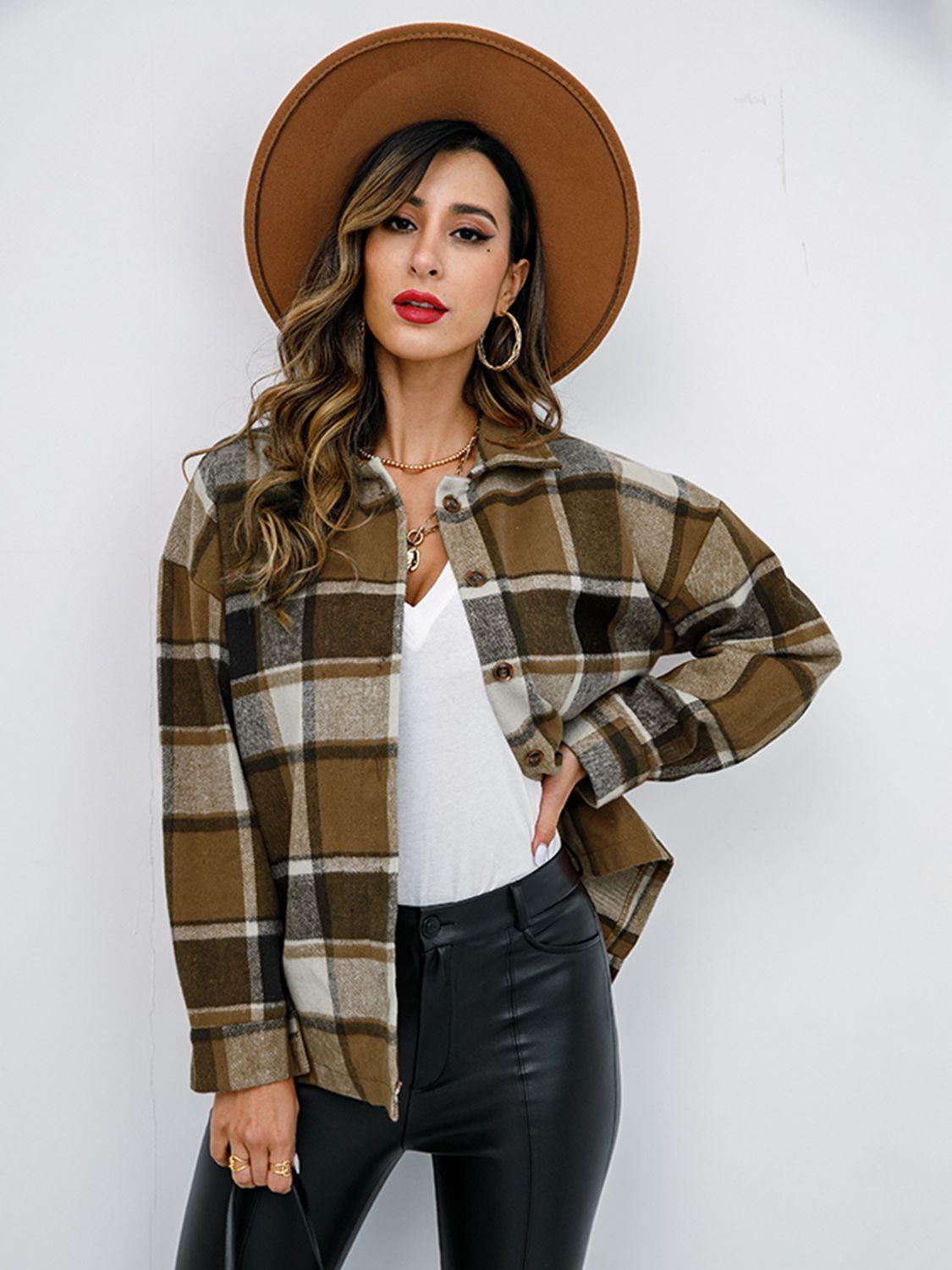 Shiny Plaid Button Up Collared Neck Jacket Coffee Brown