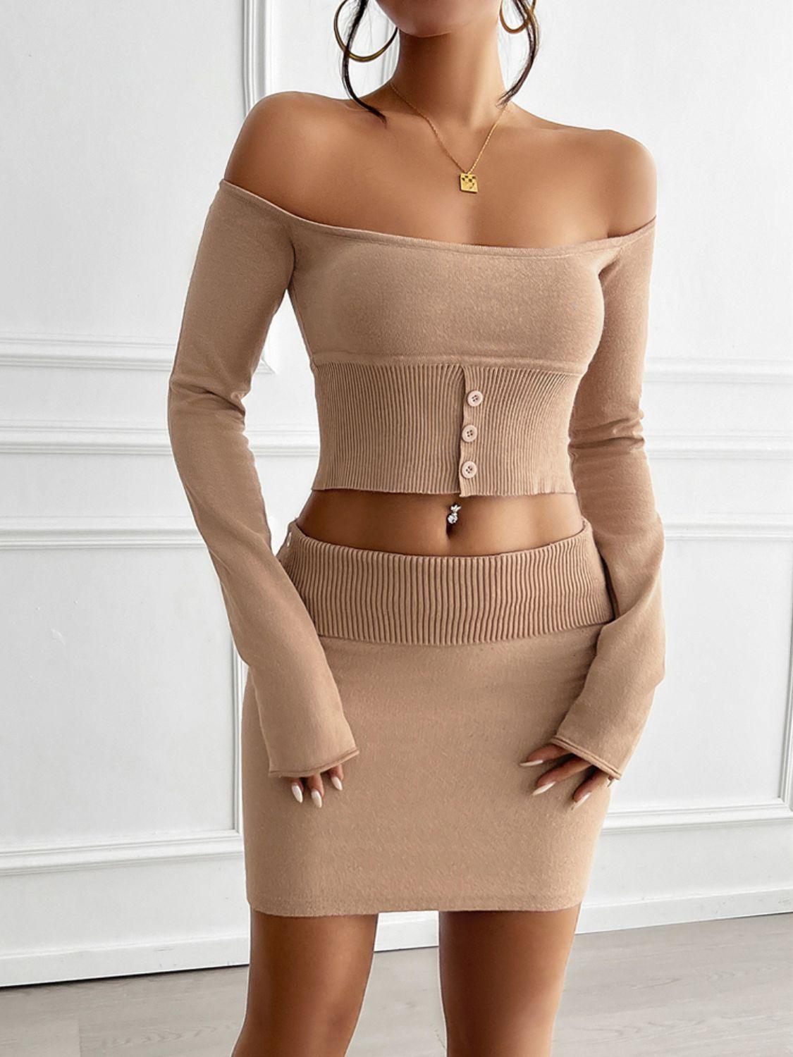 Devine Decorative Button Off-Shoulder Top and Skirt Set Tan