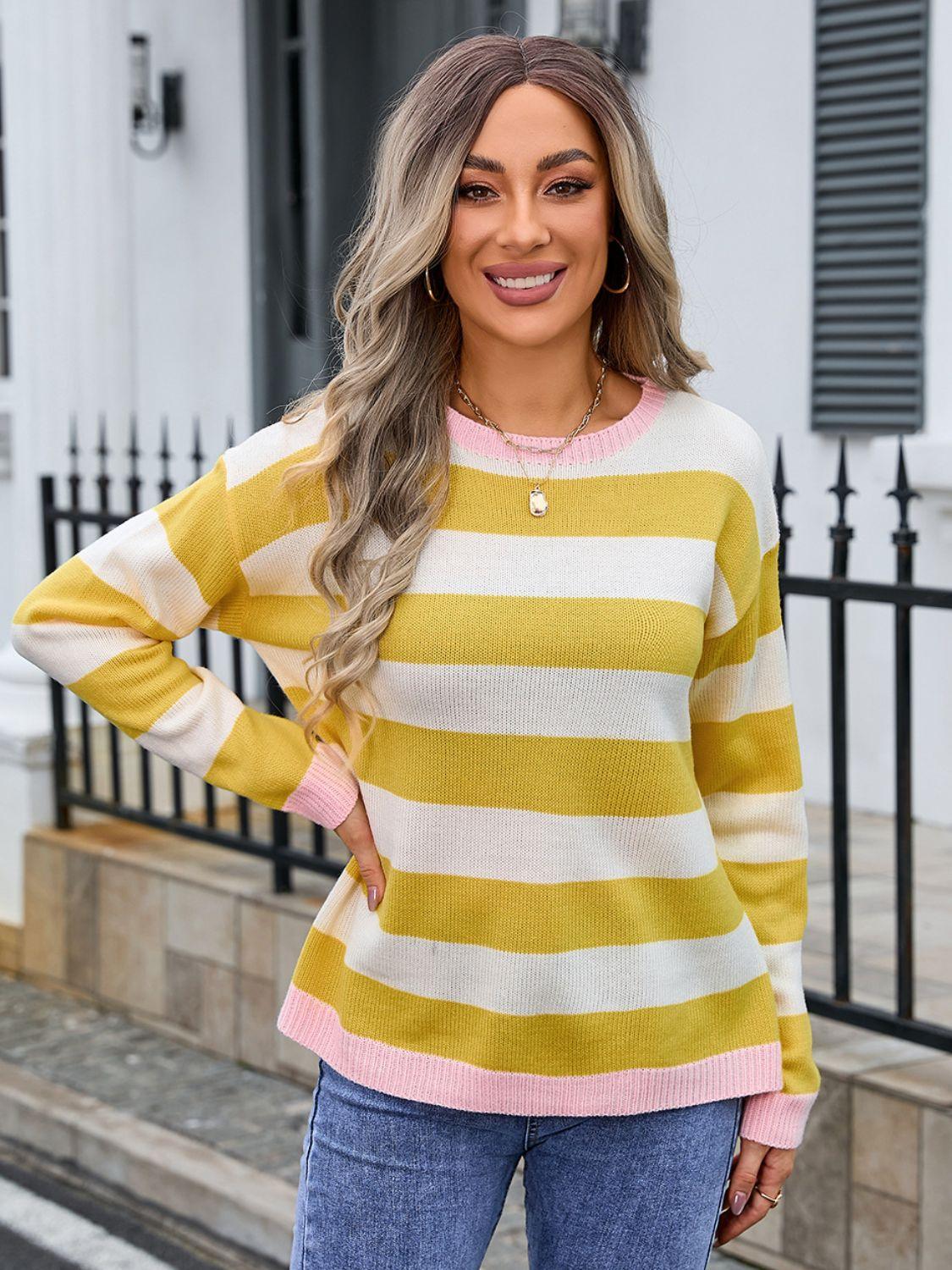 Angel Wings Striped Round Neck Dropped Shoulder Sweater Mustard