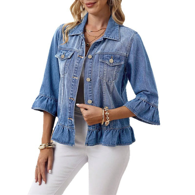 Exclusive Cross-border Supply Of Ruffled Denim Jacket For Women, Cropped Jean Jacket With Bell Sleeves, Sweet Style Outerwear