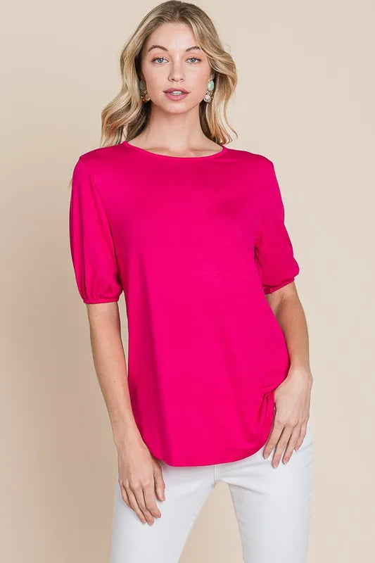 BOMBOM Round Neck Puff Sleeve T-Shirt FUCHSIA