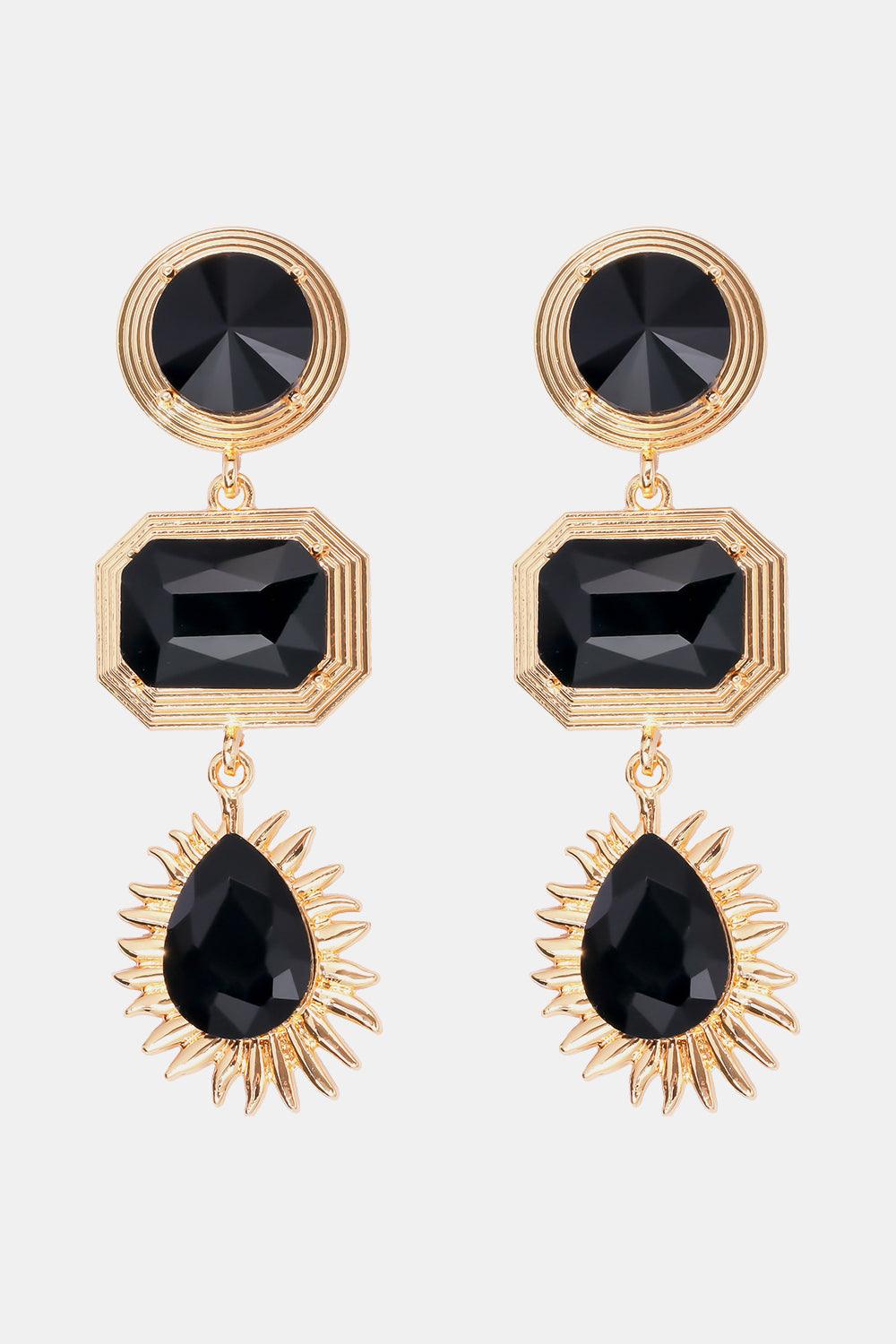 Geometrical Shape Zinc Alloy Frame Glass Dangle Earrings Black One Size