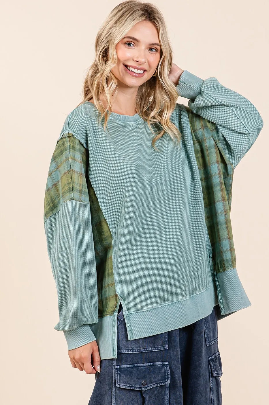 Mittoshop Plaid Panel Mineral Wash French Terry Sweatshirt