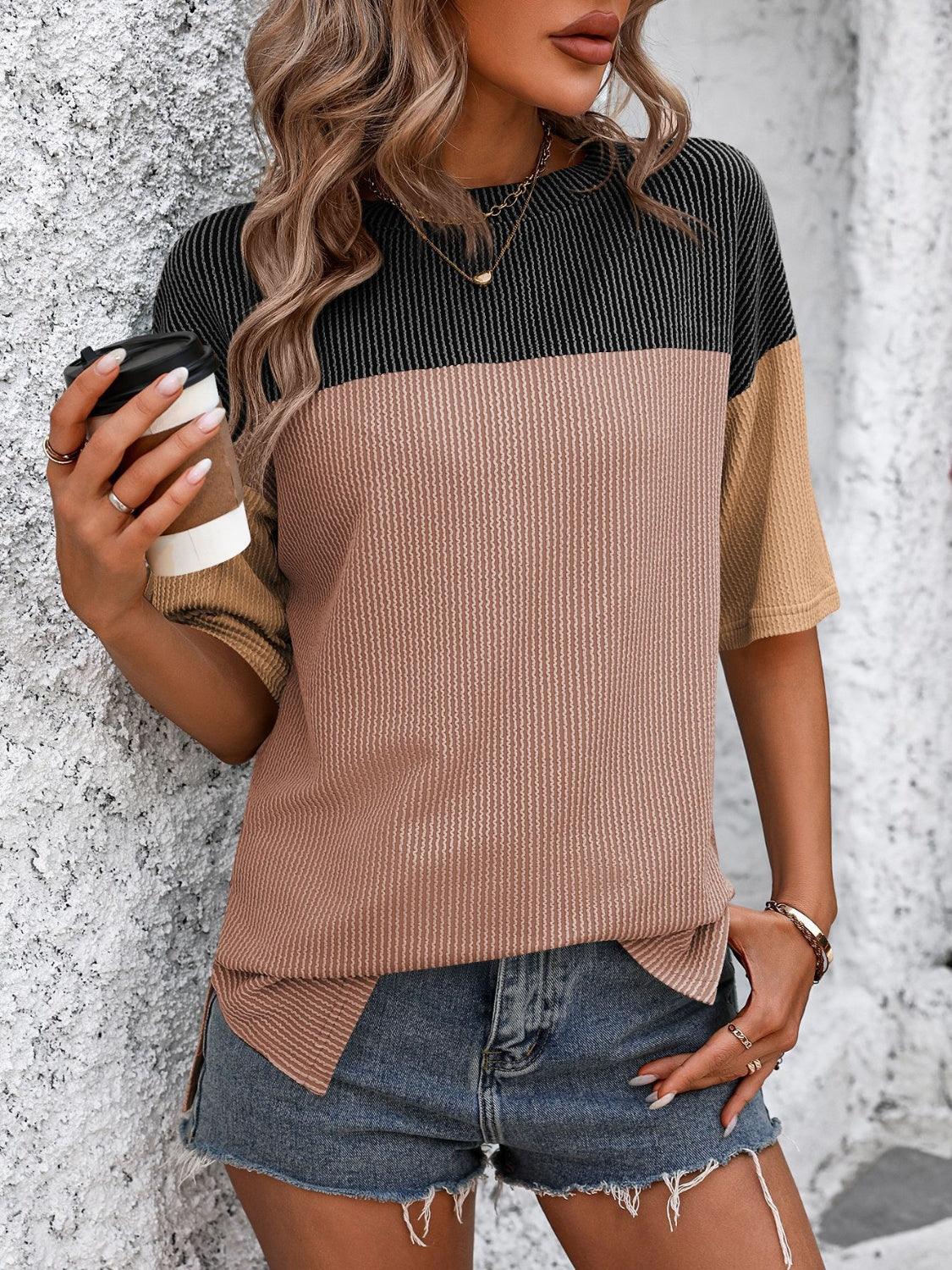 Mandy Color Block Round Neck Half Sleeve T-Shirt Black Camel