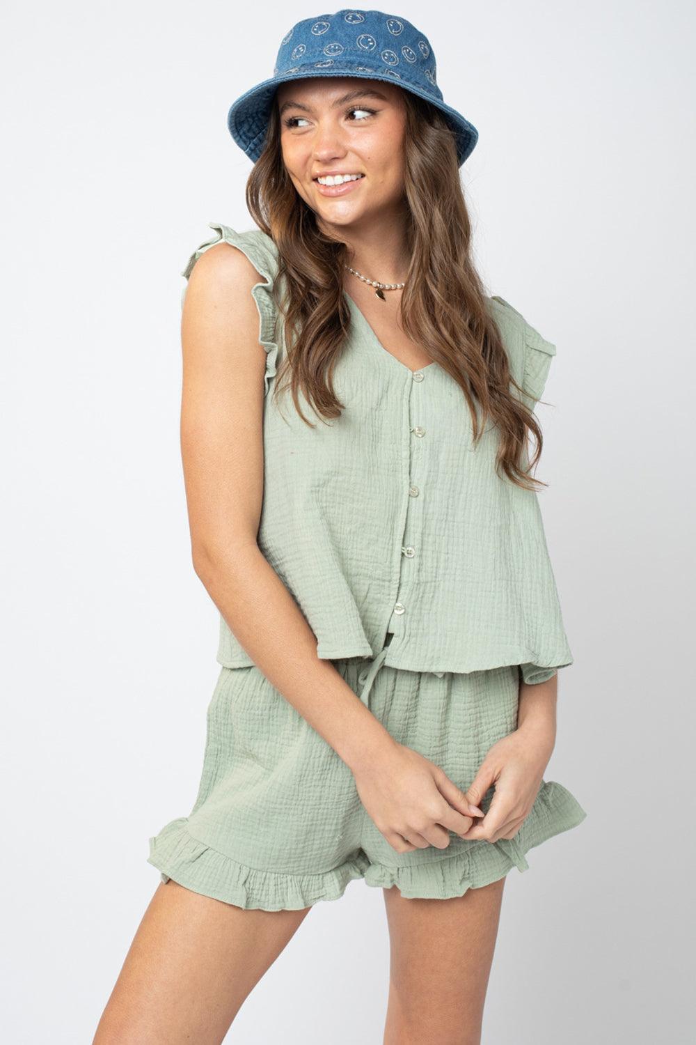 Ruffled V-Neck Cap Sleeve and Shorts Set Light Green
