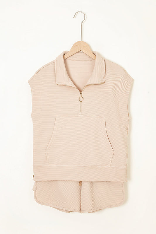 Textured Half-Zip Top & Drawstring Shorts Set