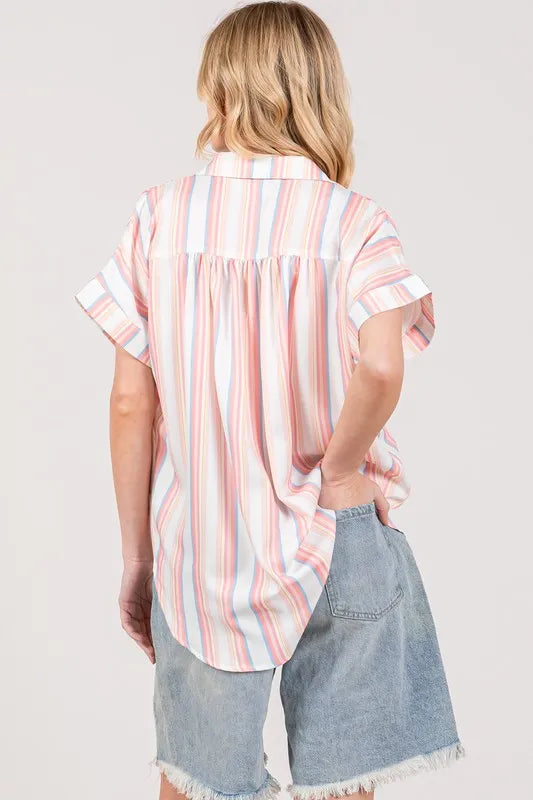 SAGE+FIG Full Size Multi Stripe Button Down Short Sleeve Shirt Plus Size