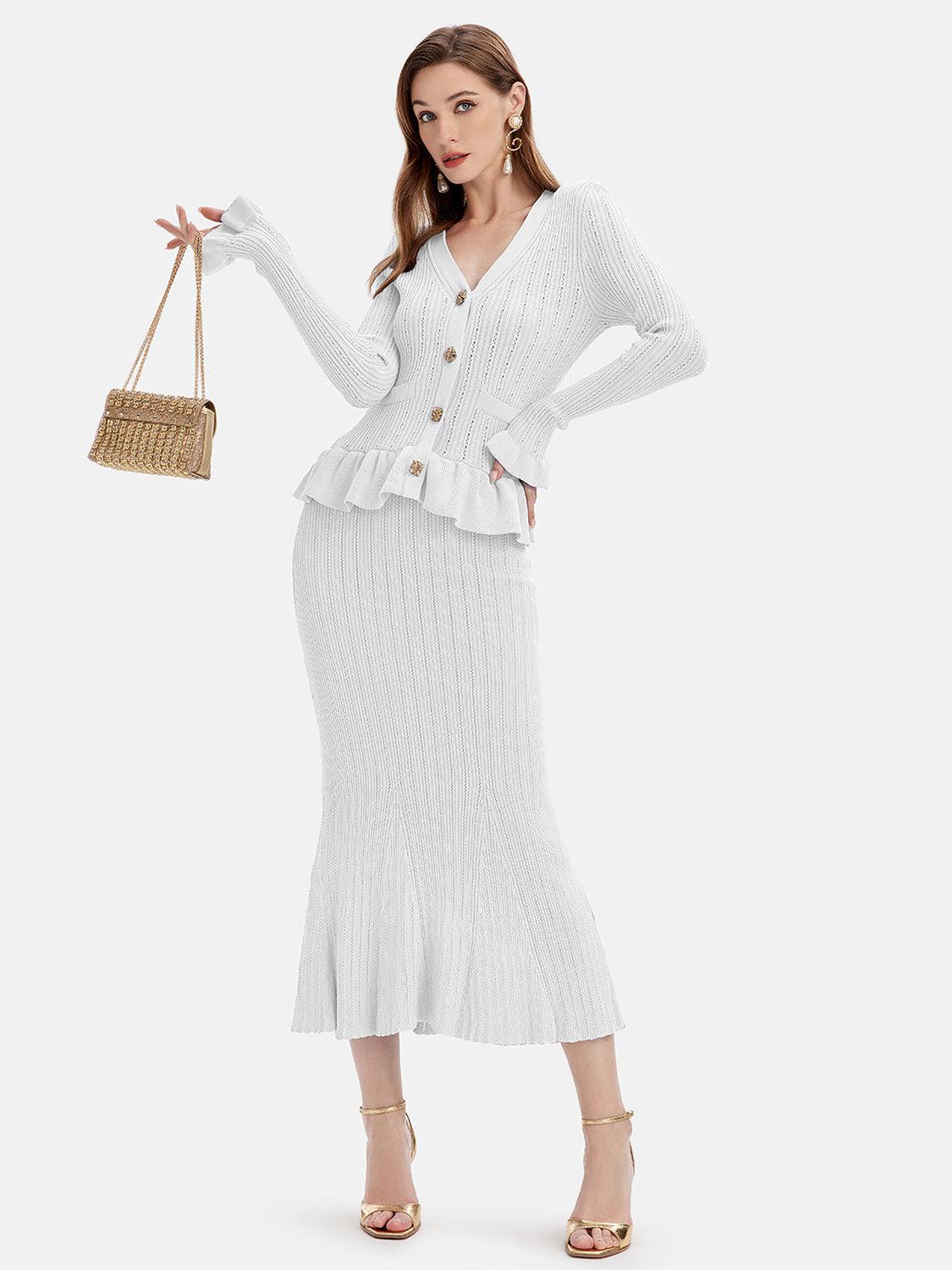 Ruffled V-Neck Top and Midi Skirt Sweater Set White One Size