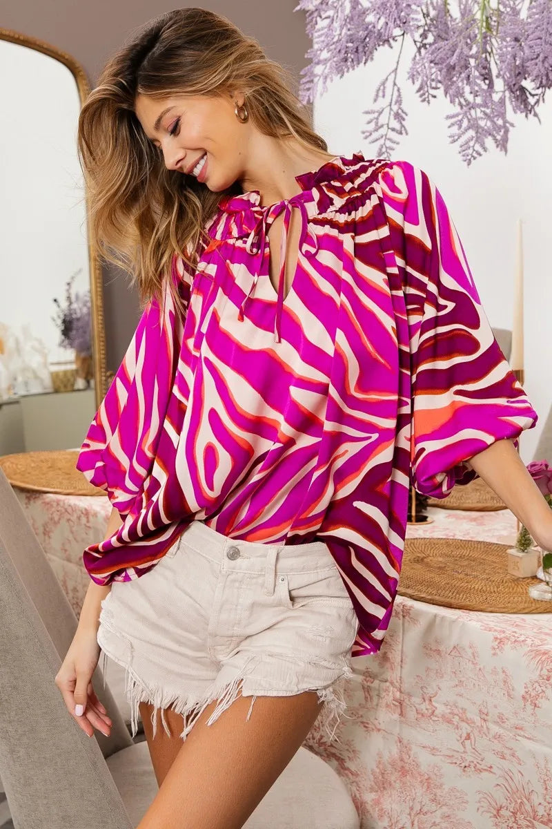 BiBi Tied Neck Half Balloon Sleeve Zebra Satin Top