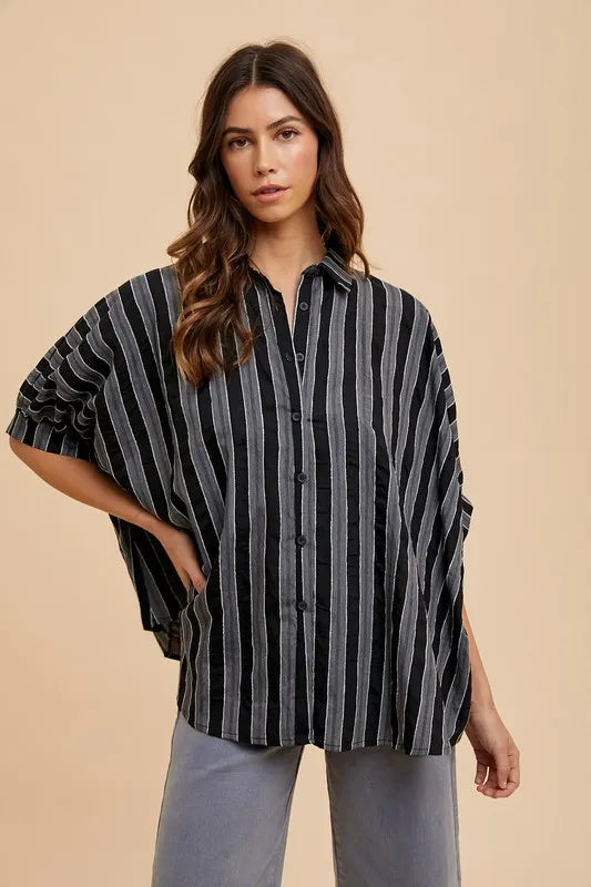 Annie Wear Oversized Drop Shoulder Striped Woven Shirt