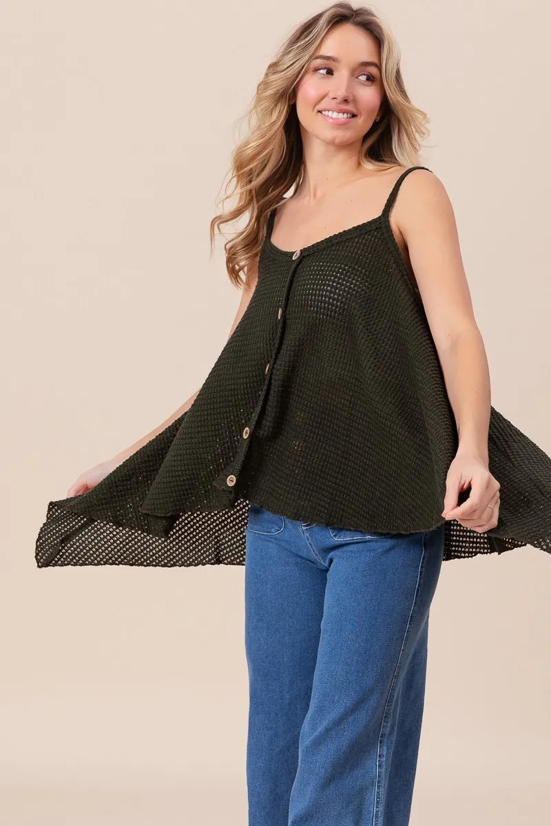 BiBi Popcorn Waffle Knit with Buttoned Front Cami Top