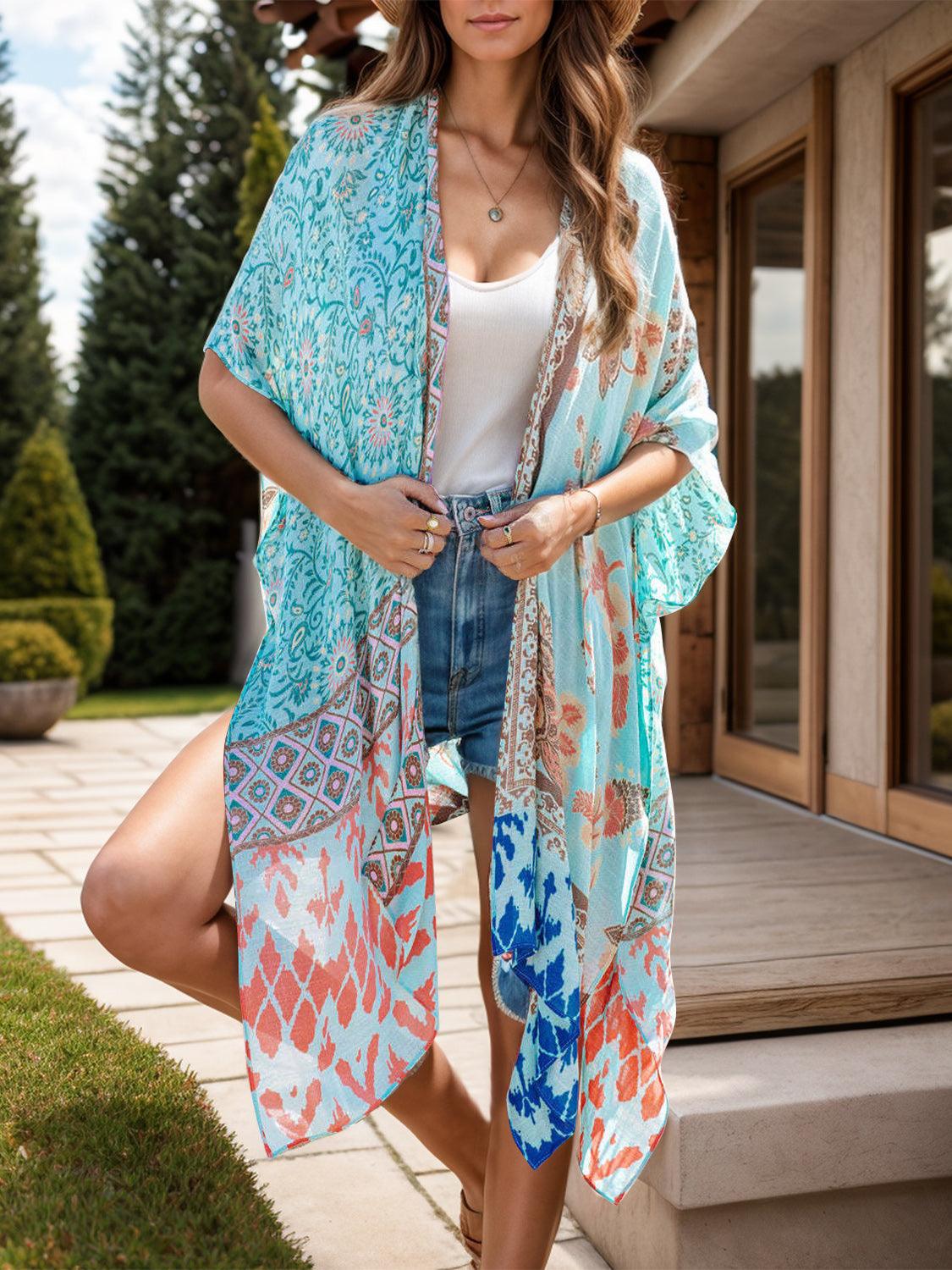 Printed Open Front Cover-Up Pastel Blue One Size