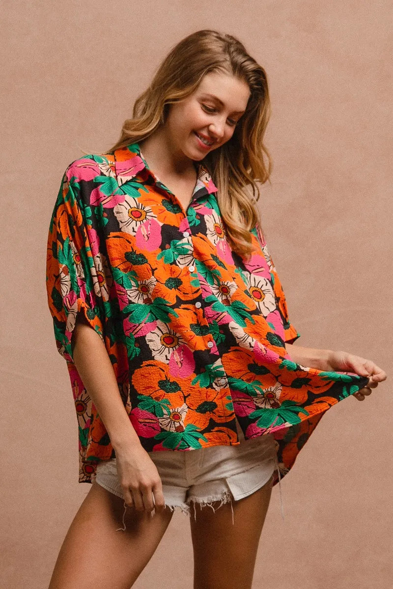 BiBi Floral Print Soft Crinkle Short Dolman Sleeves Blouse