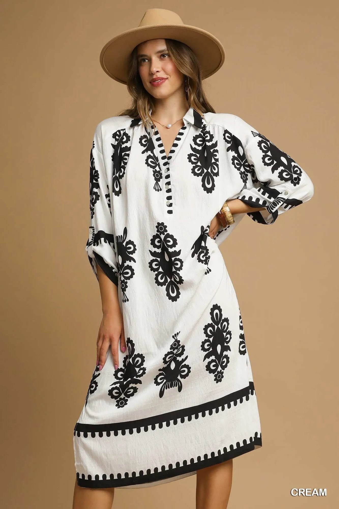 Umgee Abstract Print Midi Dress Cream