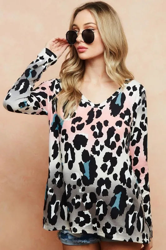 BiBi Gradation Leopard Print Soft Knit Deep U Neck Top BLUSH CHARCOAL