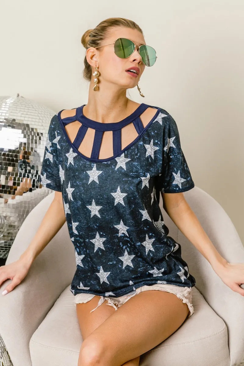 BiBi Vintage Star Print Top With Contrast Caged Neck DK NAVY