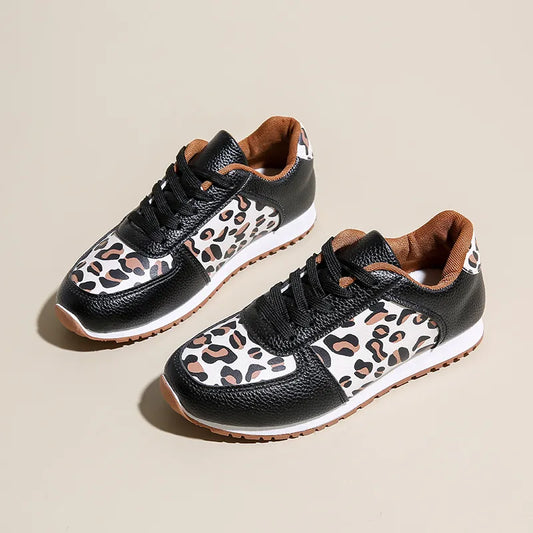 Leopard Round Toe Lace Up Sneakers Black