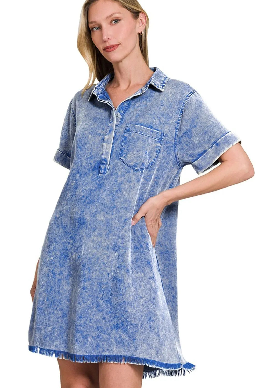 Zenana Tencel Mineral Washed Collared Shirts Dress CLASSIC BLUE