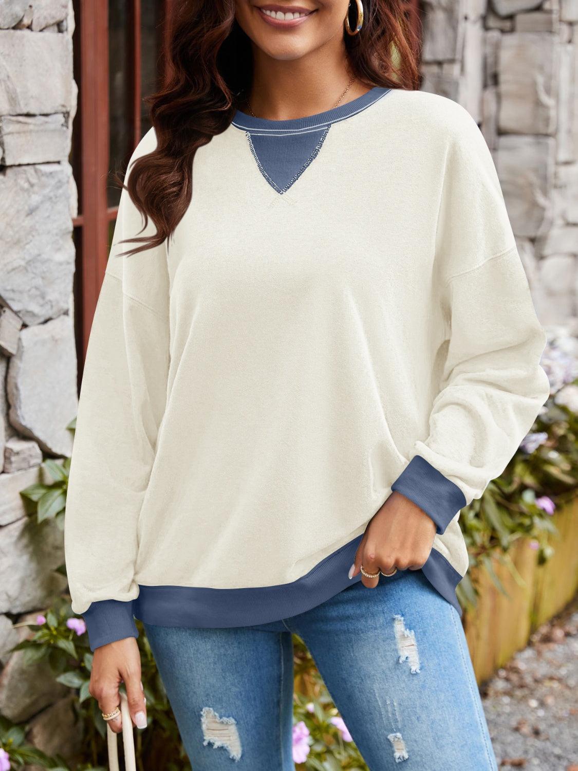 Lovelet Contrast Round Neck Long Sleeve Sweatshirt Beige