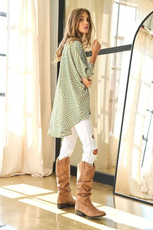 Davi & Dani Geo Printed Relaxed Fit Flowy Button Down Shirt
