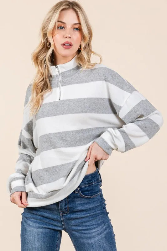 BOMBOM Striped Quarter Zip Drop Shoulder Sweatshirt