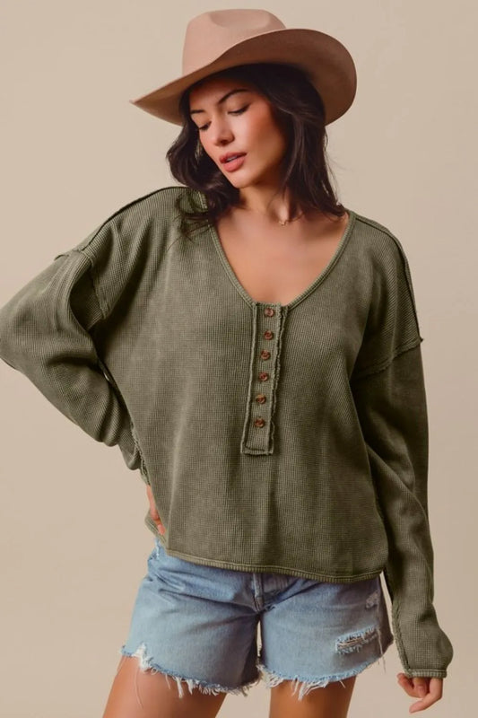 SO ME Frayed Cut Mineral Washed Deep V Neck Waffle Top VINTAGE OLIVE