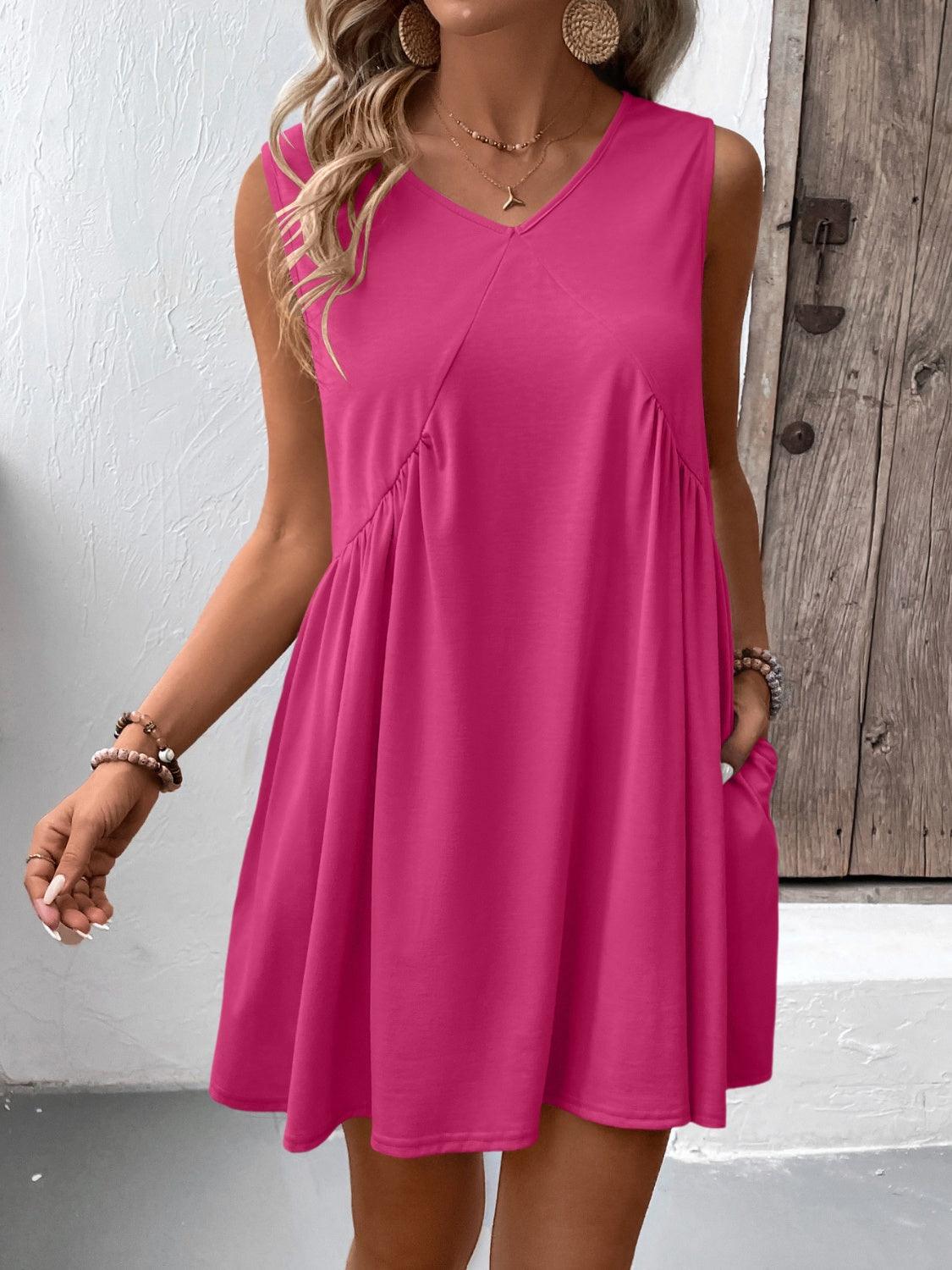 Ivy Lane Ruched V-Neck Sleeveless Mini Dress Deep Rose
