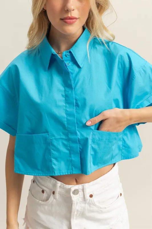 HYFVE Collared Neck Short Sleeve Crop Shirt