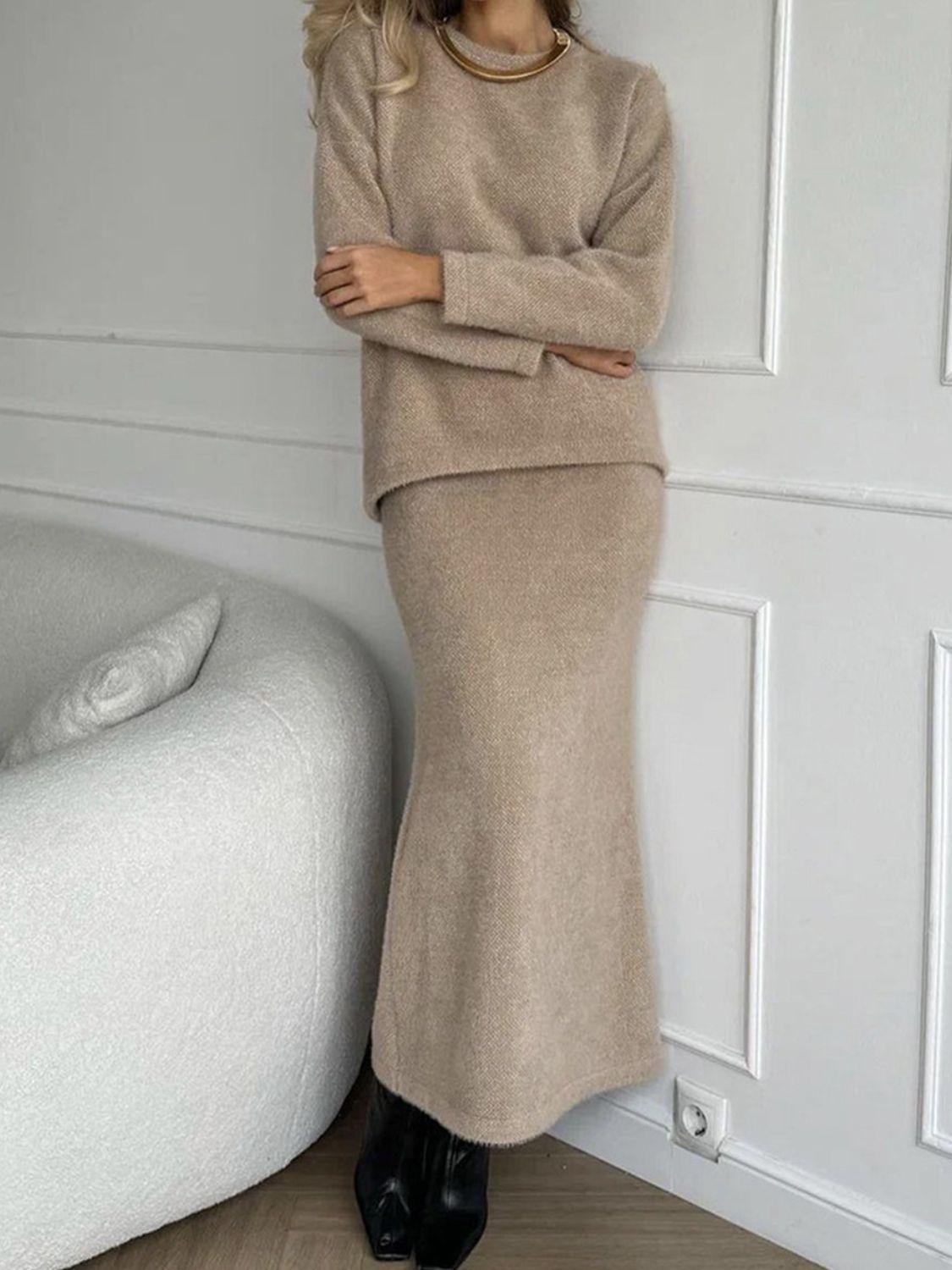 Round Neck Dropped Shoulder Top and Midi Skirt Sweater Set Tan One Size