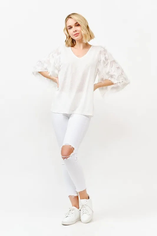 And The Why Feather Detailed 3/4 Sleeve Slub Top