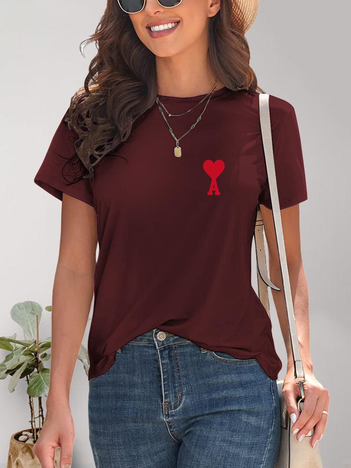 Heart Round Neck Short Sleeve T-Shirt Wine