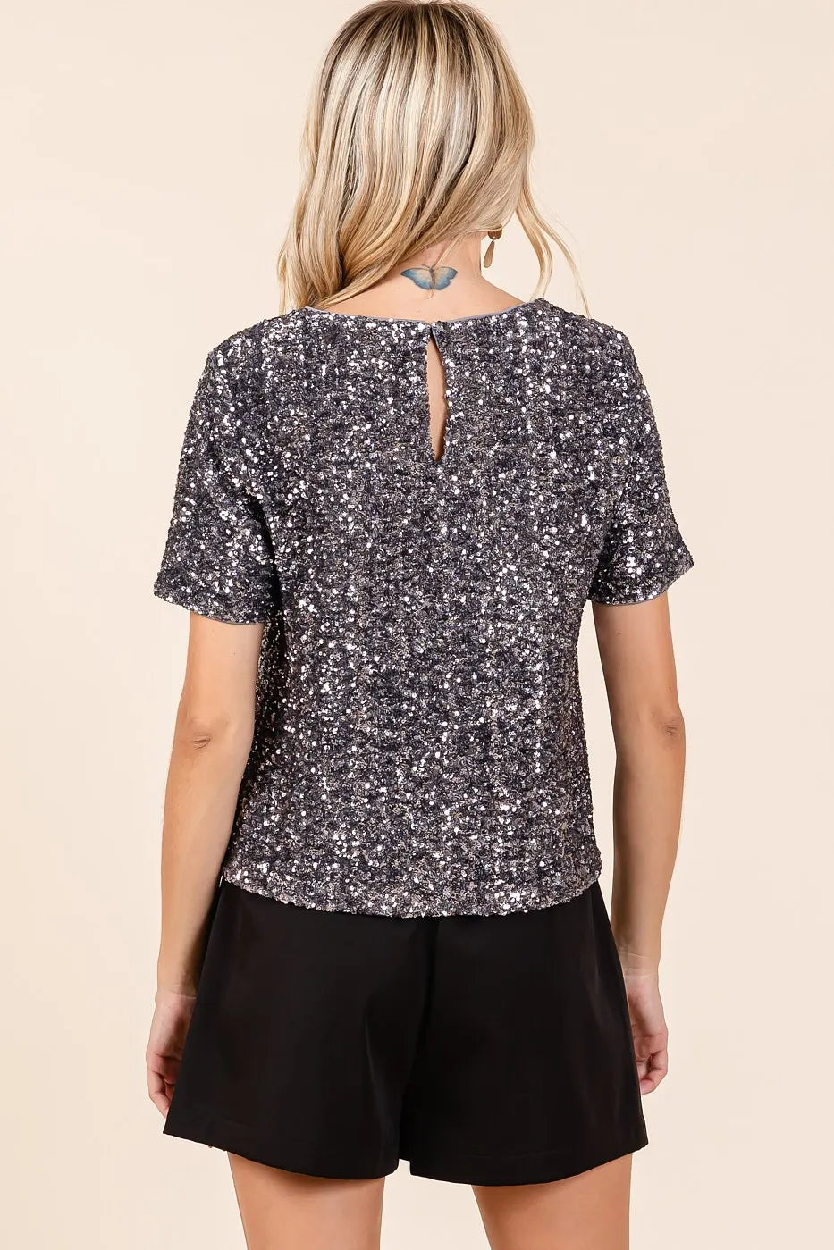 Mittoshop Sequin Short Sleeve Round Neck Cropped Blouse