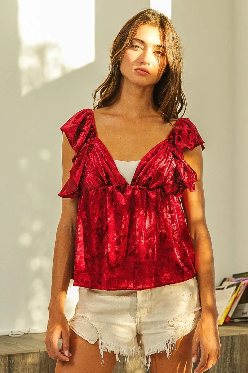 BiBi Ruffled Cap Crush Velvet Peplum Top