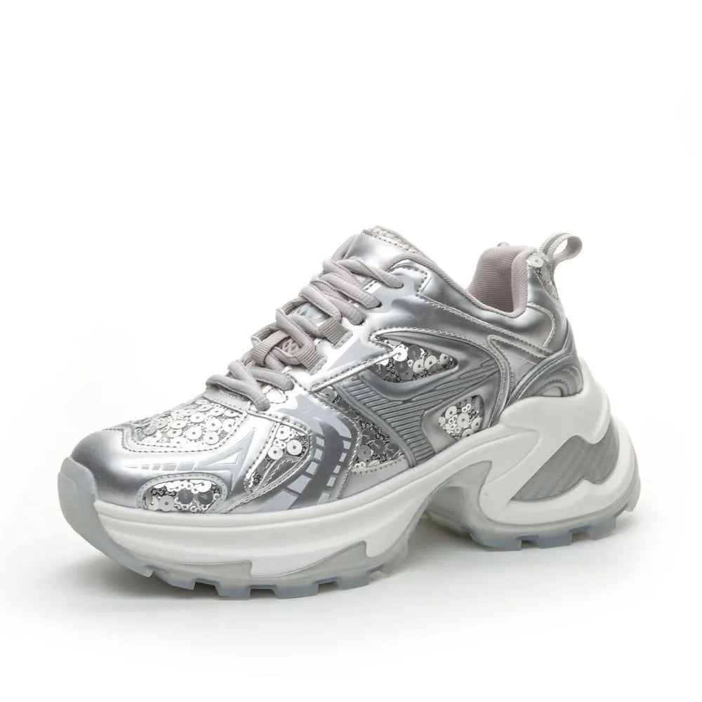 Lace Up Sequined Detail Platform Sneakers Silver