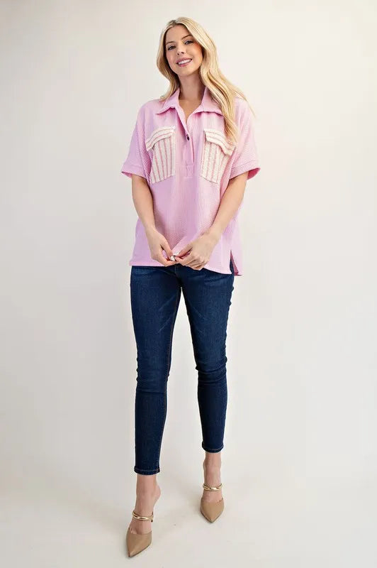 Celeste Full Size Rib Knit Collared Top with Striped Pockets Plus Size